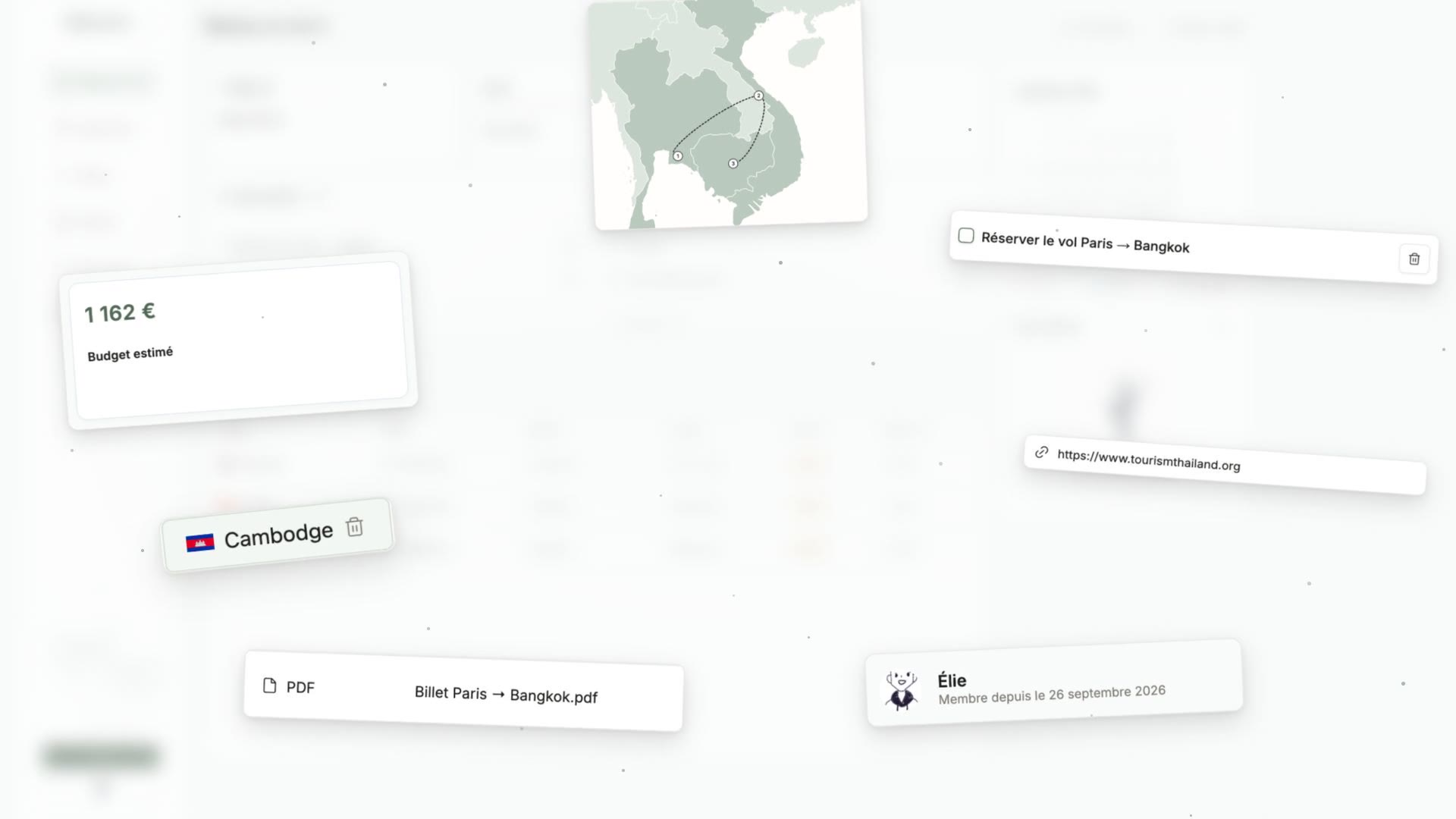Odyssey promo film poster: an exploded view of the dashboard, with the Southeast Asia itinerary map, a budget card, a checklist task, a Cambodia tag, a PDF ticket and a trip member floating above the app.